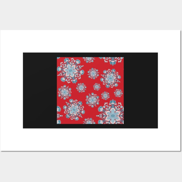 Blue, Pink and Red Mandala Snowflake Repeat Pattern Wall Art by NattyDesigns